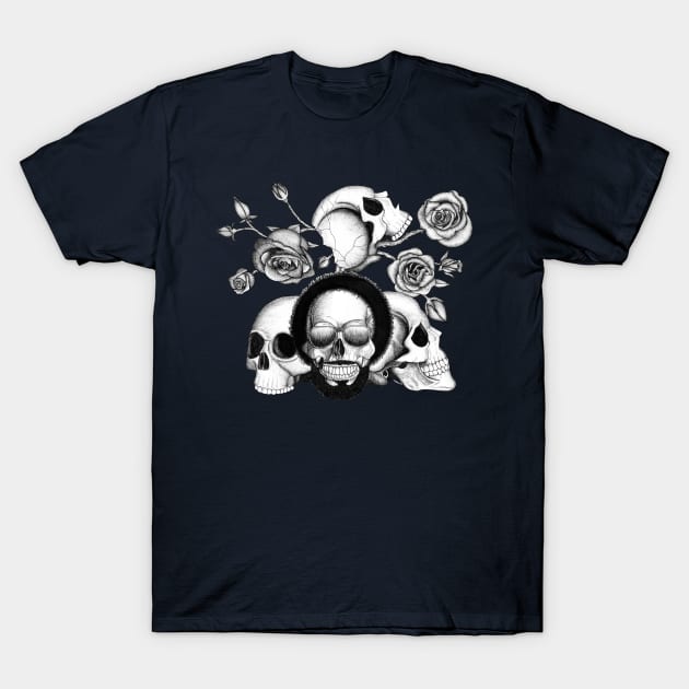 Grunge skulls and roses (afro skull included. Black and white version) T-Shirt by beatrizxe